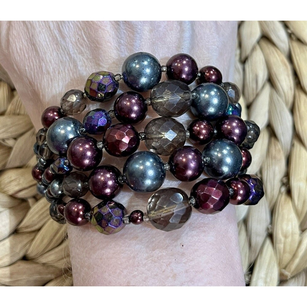 4- Stranded Bracelet Purple Aurora Borealis Faceted Glass Iridescent Fairycore